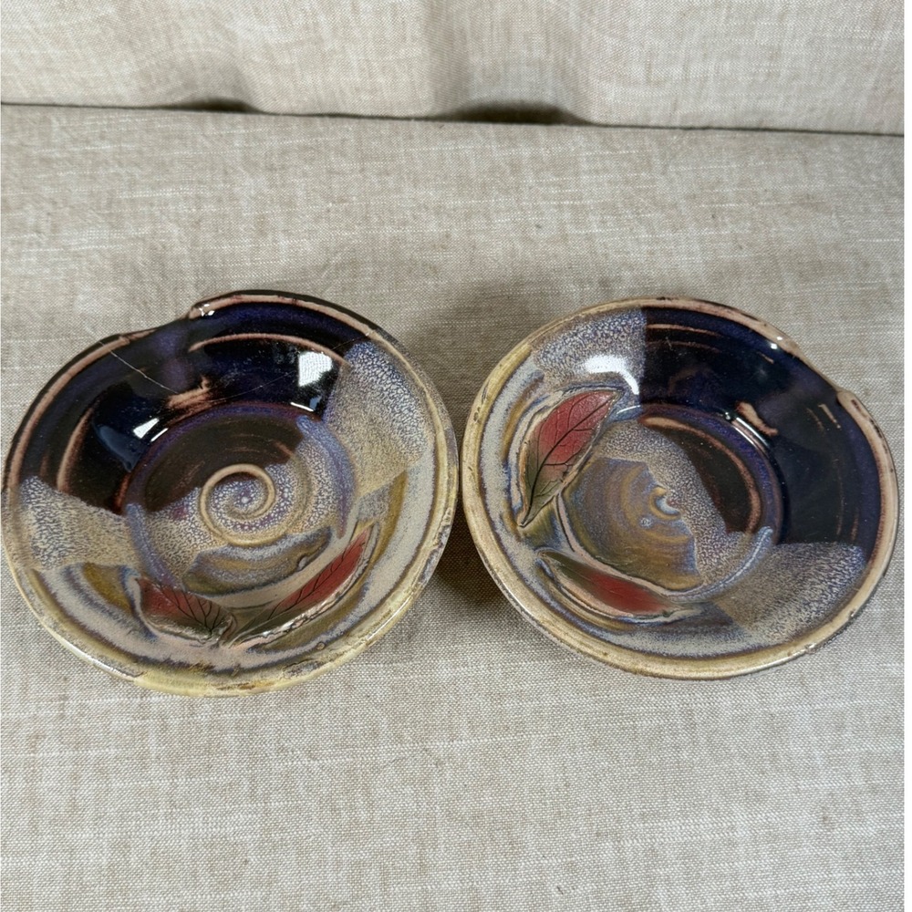 Studio Pottery Bowls Good Vintage Handmade Leaf Motif Glazed Stoneware Set